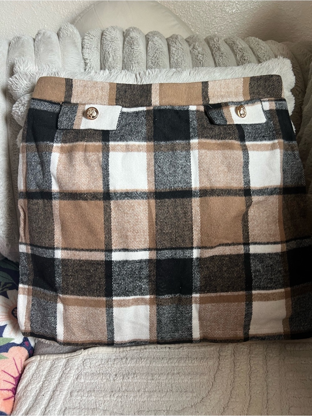 Plaid Mini Skirt in Tan, Black & White